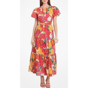 Maggy London Sz 8 Red Floral Tiered Maxi Dress Cotton Stretch Waist Spring